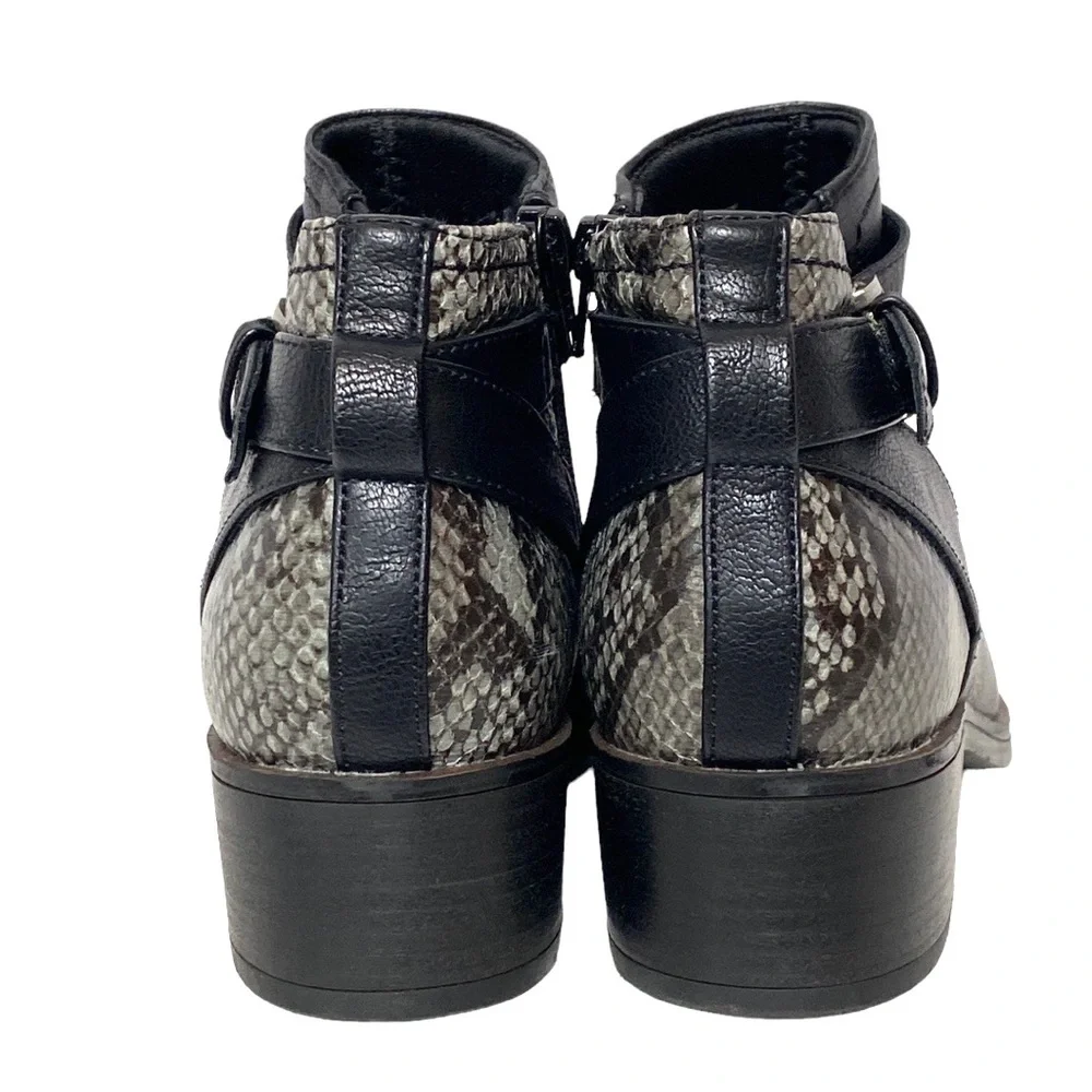 Black Vegan Animal Print Zip-Up Buckle Ankle Boot 6.5